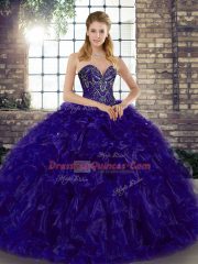 Luxury Sleeveless Organza Floor Length Lace Up Sweet 16 Quinceanera Dress in Purple with Beading and Ruffles