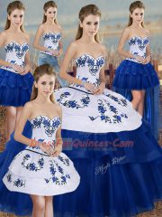 Royal Blue Ball Gowns Tulle Sweetheart Sleeveless Embroidery and Bowknot Floor Length Lace Up Ball Gown Prom Dress