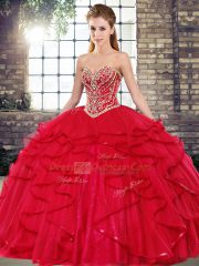 Gorgeous Red Ball Gowns Sweetheart Sleeveless Tulle Floor Length Lace Up Beading and Ruffles Sweet 16 Dress