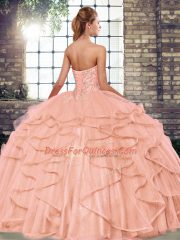 Gorgeous Red Ball Gowns Sweetheart Sleeveless Tulle Floor Length Lace Up Beading and Ruffles Sweet 16 Dress