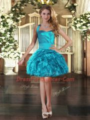 Teal Ball Gowns Halter Top Sleeveless Organza Mini Length Lace Up Ruffles Prom Evening Gown