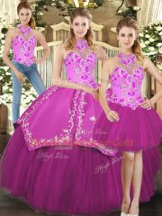 Embroidery 15th Birthday Dress Fuchsia Lace Up Sleeveless Floor Length