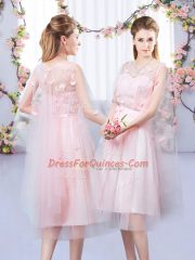 Superior Tea Length Baby Pink Dama Dress Tulle Sleeveless Appliques