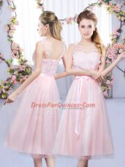Superior Tea Length Baby Pink Dama Dress Tulle Sleeveless Appliques