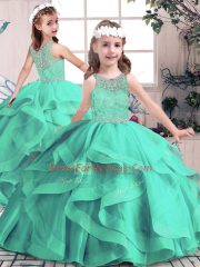 Best Aqua Blue Lace Up Pageant Dress for Teens Beading and Ruffles Sleeveless Floor Length
