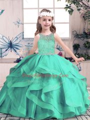 Best Aqua Blue Lace Up Pageant Dress for Teens Beading and Ruffles Sleeveless Floor Length