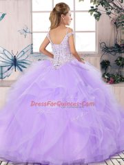 Ideal Sleeveless Tulle Floor Length Lace Up Quince Ball Gowns in Blue with Beading and Ruffles