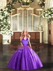 Purple Lace Up Halter Top Beading Quince Ball Gowns Tulle Sleeveless