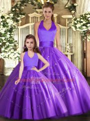 Purple Lace Up Halter Top Beading Quince Ball Gowns Tulle Sleeveless