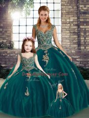 Peacock Green Lace Up Straps Beading and Appliques Sweet 16 Quinceanera Dress Tulle Sleeveless