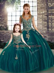 Peacock Green Lace Up Straps Beading and Appliques Sweet 16 Quinceanera Dress Tulle Sleeveless