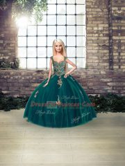 Peacock Green Lace Up Straps Beading and Appliques Sweet 16 Quinceanera Dress Tulle Sleeveless