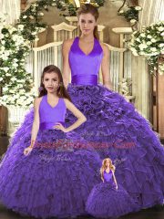 Elegant Purple Halter Top Neckline Ruffles Quinceanera Dress Sleeveless Lace Up