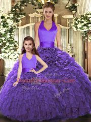 Elegant Purple Halter Top Neckline Ruffles Quinceanera Dress Sleeveless Lace Up