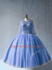 Hot Selling Blue Tulle Lace Up Scoop Long Sleeves Floor Length Vestidos de Quinceanera Beading