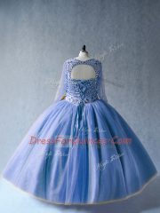 Hot Selling Blue Tulle Lace Up Scoop Long Sleeves Floor Length Vestidos de Quinceanera Beading
