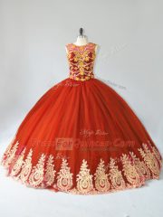 Rust Red Ball Gowns Tulle Scoop Sleeveless Appliques Floor Length Lace Up Sweet 16 Quinceanera Dress