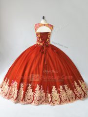Rust Red Ball Gowns Tulle Scoop Sleeveless Appliques Floor Length Lace Up Sweet 16 Quinceanera Dress