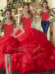 Inexpensive Halter Top Sleeveless Lace Up Vestidos de Quinceanera Red Tulle