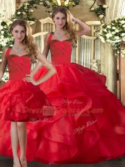 Inexpensive Halter Top Sleeveless Lace Up Vestidos de Quinceanera Red Tulle
