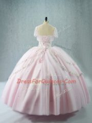 Simple Pink Sleeveless Floor Length Beading Lace Up Sweet 16 Dress