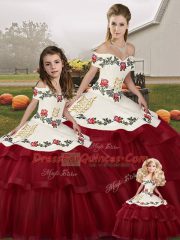 Spectacular Tulle Off The Shoulder Sleeveless Brush Train Lace Up Embroidery and Ruffled Layers Ball Gown Prom Dress in Wine Red