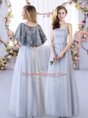 Modest Floor Length Grey Quinceanera Court Dresses Tulle Sleeveless Appliques