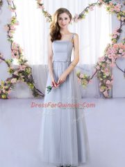 Modest Floor Length Grey Quinceanera Court Dresses Tulle Sleeveless Appliques