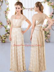 Champagne Empire V-neck Short Sleeves Lace Floor Length Side Zipper Lace Quinceanera Court of Honor Dress
