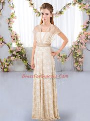 Champagne Empire V-neck Short Sleeves Lace Floor Length Side Zipper Lace Quinceanera Court of Honor Dress