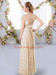 Champagne Empire V-neck Short Sleeves Lace Floor Length Side Zipper Lace Quinceanera Court of Honor Dress