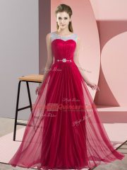 Perfect Scoop Sleeveless Dama Dress for Quinceanera Floor Length Beading and Belt Wine Red Chiffon