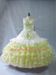 Simple Floor Length Yellow Green 15 Quinceanera Dress Organza Sleeveless Embroidery and Ruffled Layers
