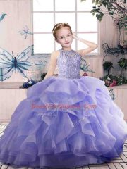 Perfect Organza Scoop Sleeveless Zipper Beading and Ruffles Little Girls Pageant Gowns in Lavender