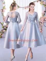 Silver 3 4 Length Sleeve Lace Tea Length Dama Dress for Quinceanera