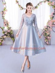 Silver 3 4 Length Sleeve Lace Tea Length Dama Dress for Quinceanera