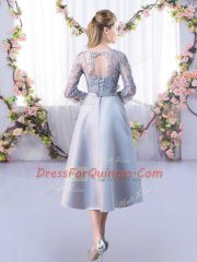 Silver 3 4 Length Sleeve Lace Tea Length Dama Dress for Quinceanera
