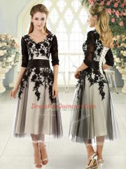Nice Black Tulle Lace Up V-neck Half Sleeves Tea Length Homecoming Dress Appliques