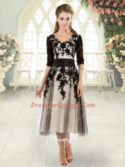 Nice Black Tulle Lace Up V-neck Half Sleeves Tea Length Homecoming Dress Appliques