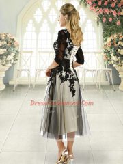 Nice Black Tulle Lace Up V-neck Half Sleeves Tea Length Homecoming Dress Appliques