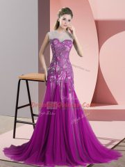 Purple Backless Scoop Beading and Appliques Homecoming Dress Tulle Sleeveless Sweep Train