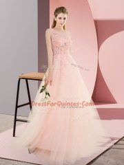 Tulle Sleeveless Floor Length and Beading and Lace and Appliques