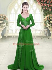 Unique Backless Prom Evening Gown Green for Prom and Party with Beading Sweep Train