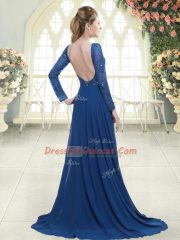 Unique Backless Prom Evening Gown Green for Prom and Party with Beading Sweep Train