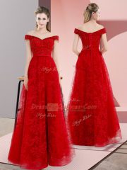 Sleeveless Sweep Train Lace Up Beading and Lace Prom Dresses
