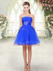 Blue Strapless Neckline Beading Evening Dress Sleeveless Lace Up