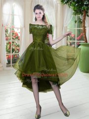 Noble Olive Green Off The Shoulder Neckline Lace Prom Gown Short Sleeves Lace Up