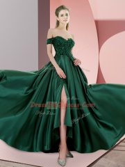 Excellent Sleeveless Satin Sweep Train Lace Up Homecoming Dress in Green with Beading