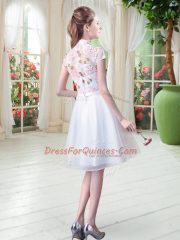 Stylish Knee Length A-line Short Sleeves White Prom Evening Gown Zipper