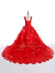 Beauteous Red Sleeveless Brush Train Appliques Child Pageant Dress